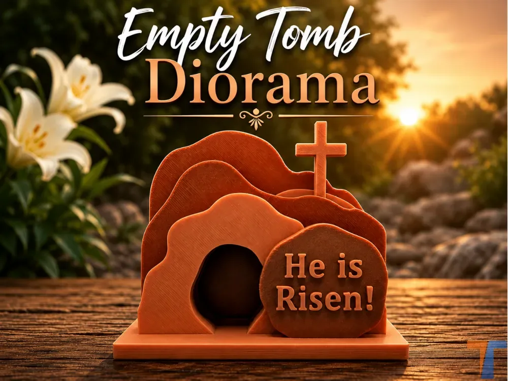 "¡Él ha resucitado!" Tumba vacía de Pascua con cruz, vista 1