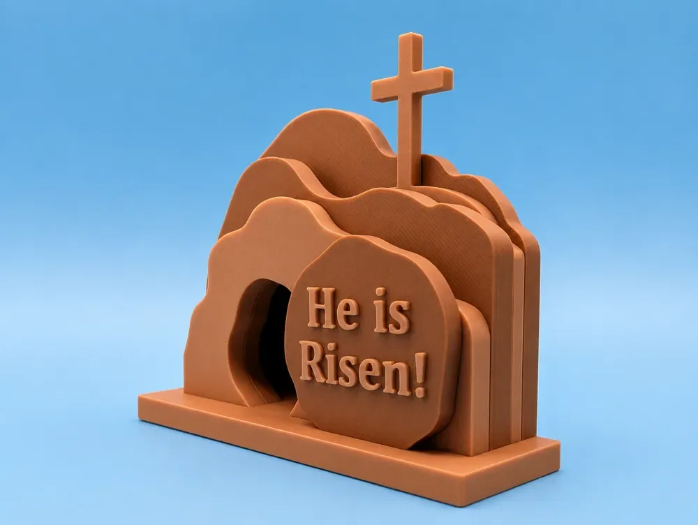 "¡Él ha resucitado!" Tumba vacía de Pascua con cruz, vista 3