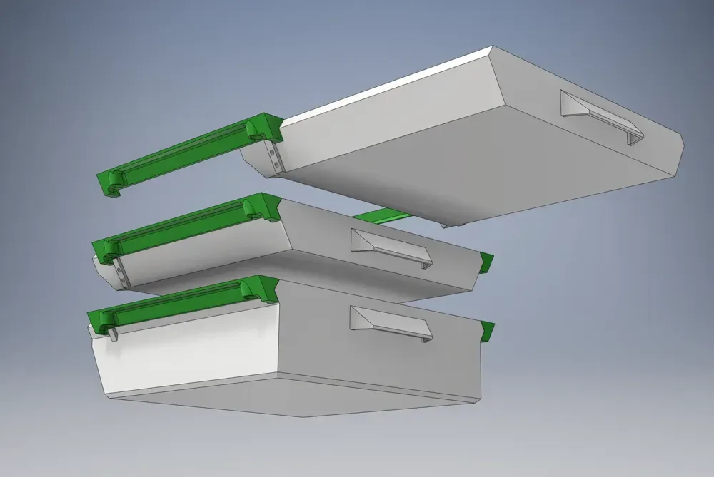 Cajón debajo del escritorio con topes de viaje dobles para impresión 3D, vista 1