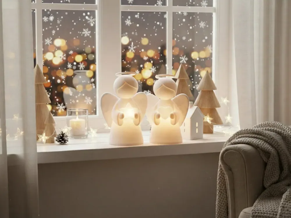 Figuras de ángeles navideños con estrella y corazón, vista 1