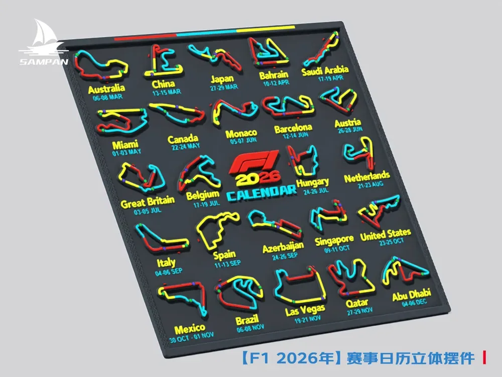 Adorno 3D del calendario de carreras de F1 2026 marcado con país, nombre de la pista, fecha, dirección de inicio/final, marcadores MOM (siguiendo la lógica de zona DRS), vista 2