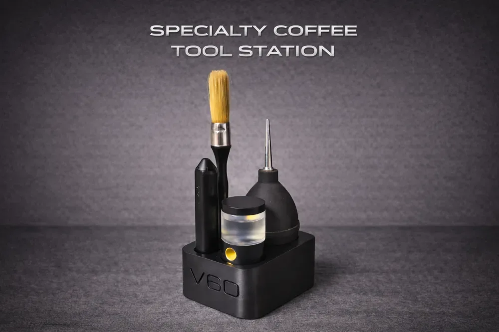 Estación de herramientas compacta V60 y organizador de espresso para impresión 3D, vista 2