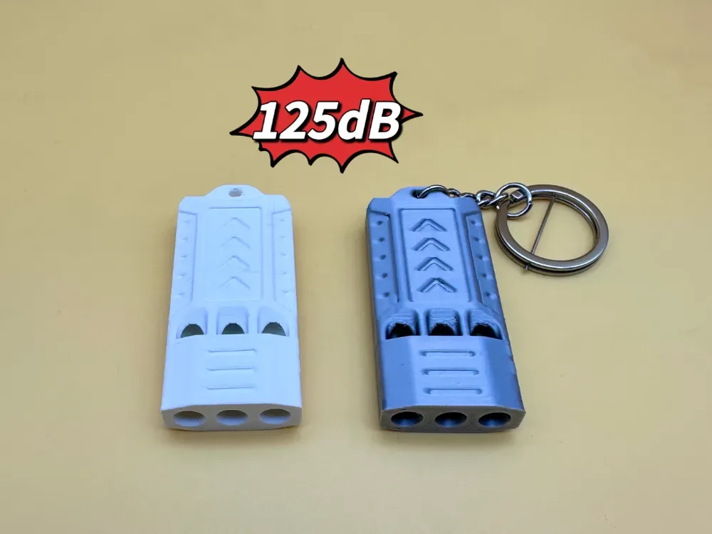 Silbato ultra fuerte de tres orificios de 125 dB para supervivencia al aire libre con llavero (estilo Mecha) para impresión 3D, vista 1