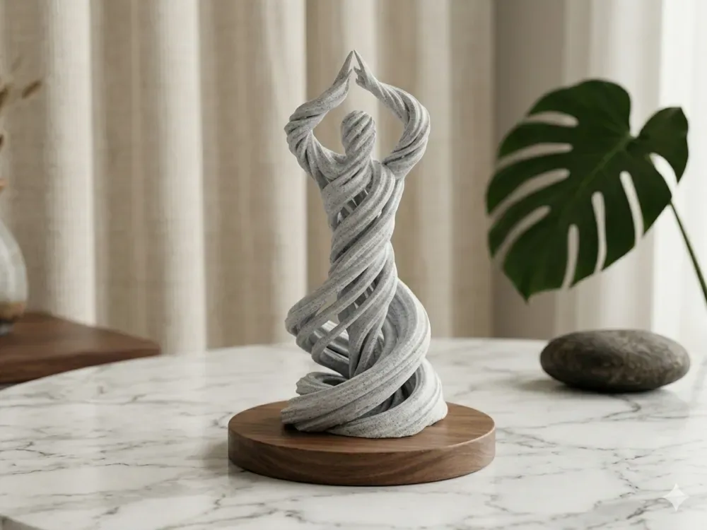 Escultura humana en espiral en pose zen, vista 1