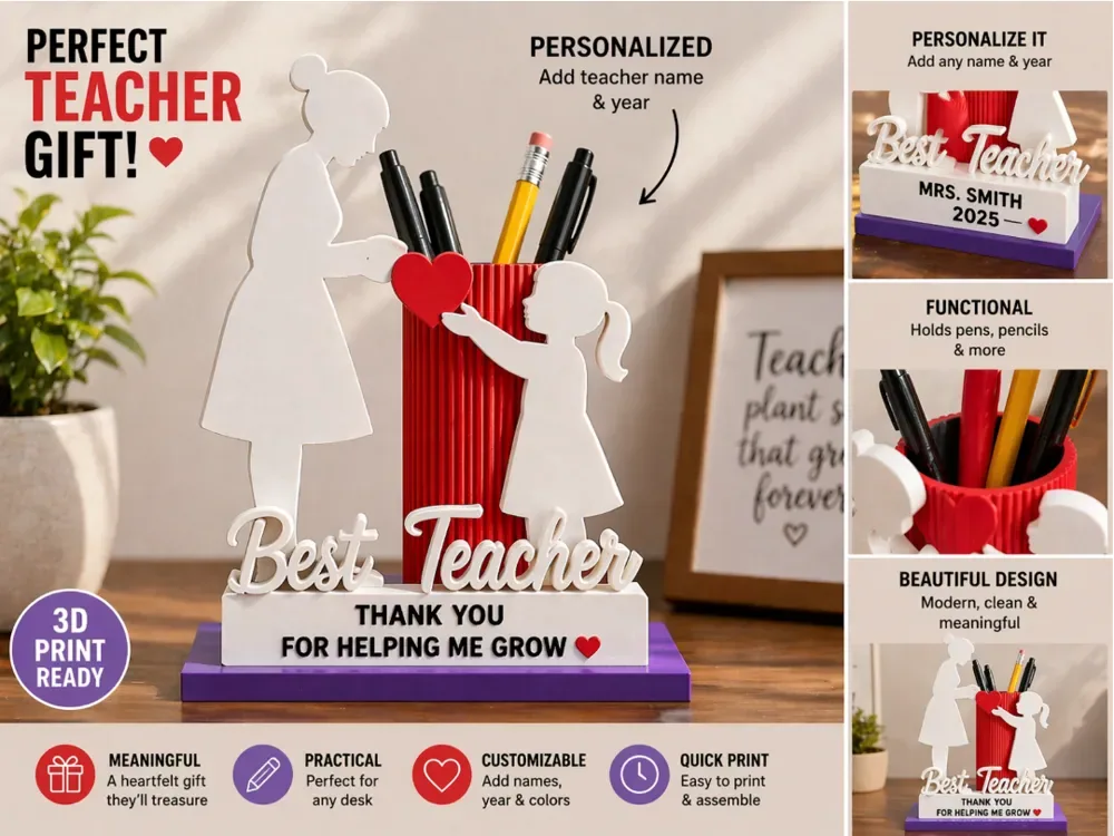Organizador de escritorio para profesores con texto personalizable "Thank You", vista 1