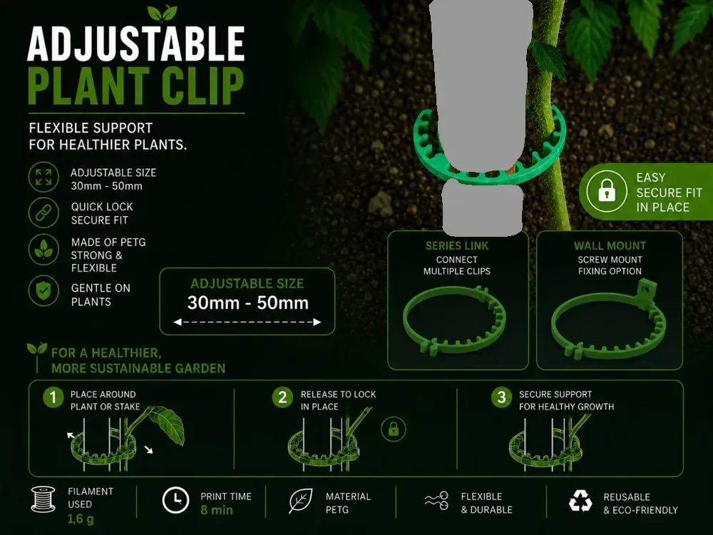 Clip de planta ajustable para impresión 3D, vista 1