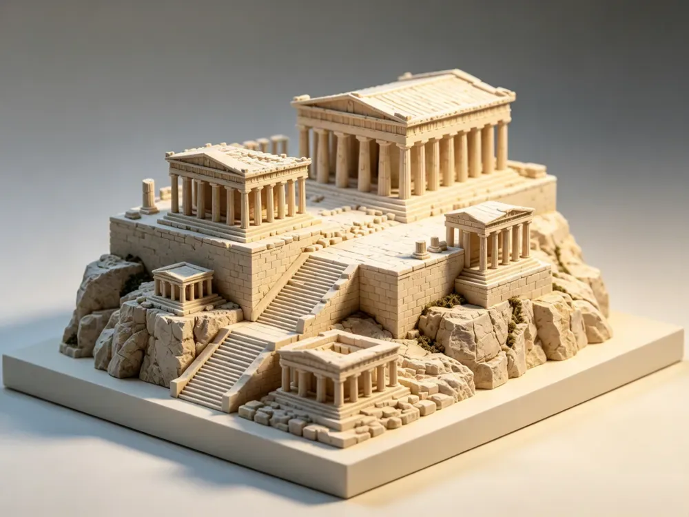 Escena de la montaña de la Acrópolis griega antigua | Miniatura arquitectónica de escritorio, vista 1