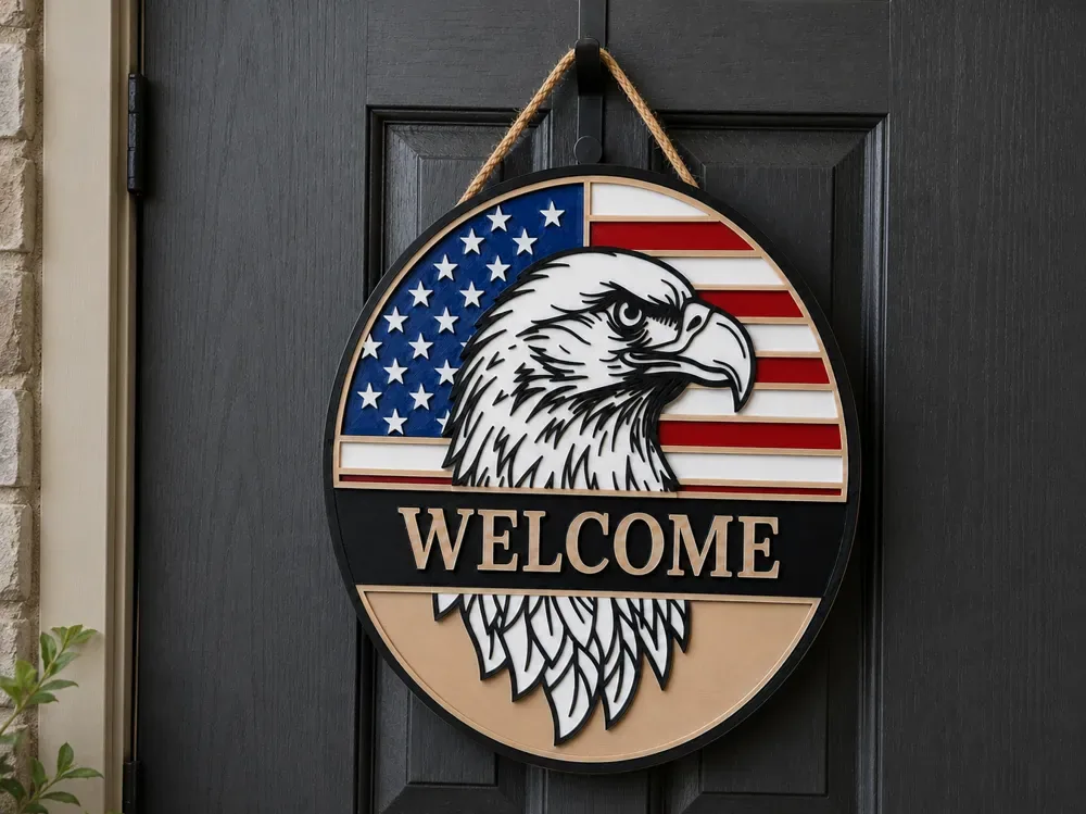 Señal de bienvenida del águila patriótica – Señal de puerta en capas, vista 1