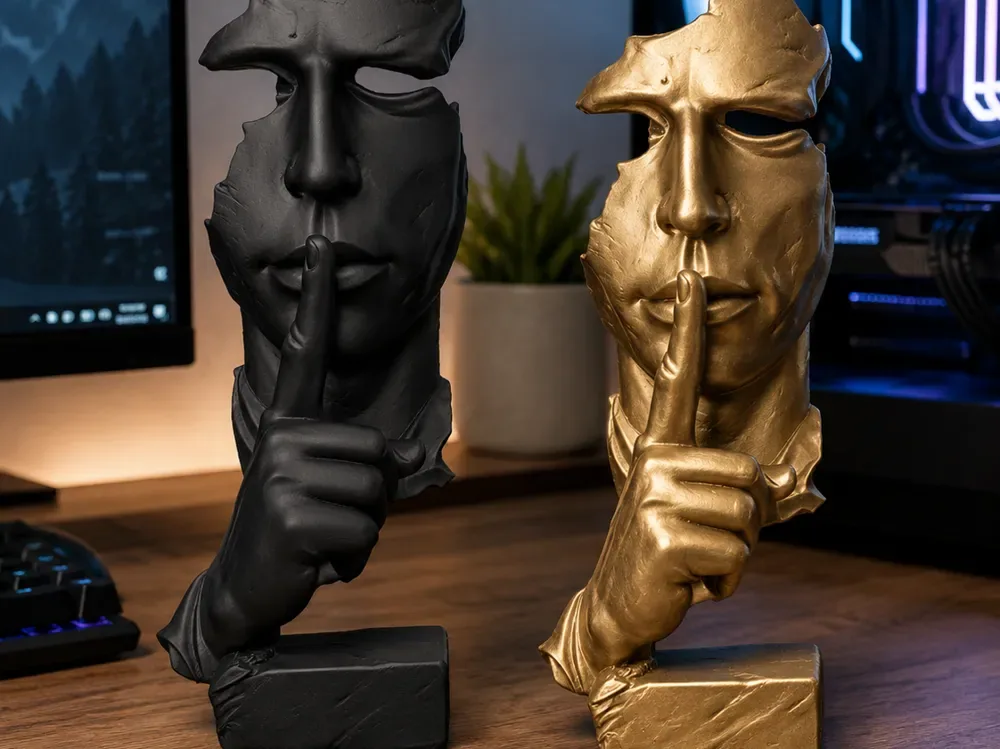 Fragmento silencioso – Escultura abstracta de rostro Shh, vista 1