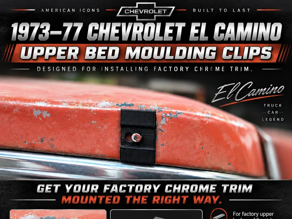 1973-77 Chevy El Camino Clip de moldura de cama superior para impresión 3D, vista 1