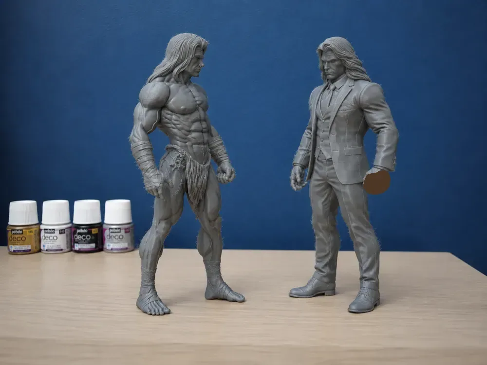 Bárbaro musculoso y personaje de traje, vista 3