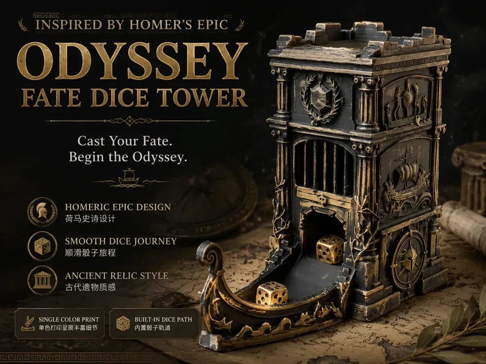 Torre de dados del destino de la Odisea de Homero 丨 Tira los dados y comienza el viaje del héroe a casa 丨 Torre de dados con dados de 4 caras 丨 Impresión negra en su lugar sin AMS, vista 1
