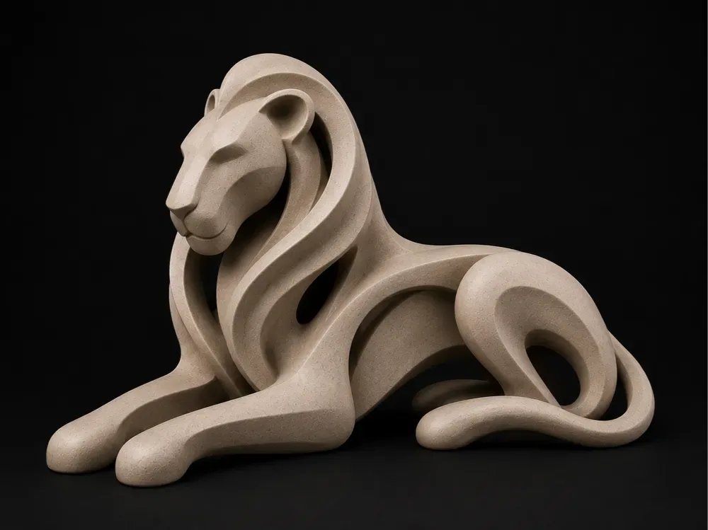 Elegante escultura abstracta de león, vista 1