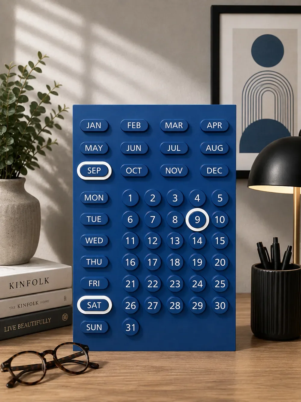 Calendario perpetuo minimalista | Montaje en escritorio y pared, vista 2