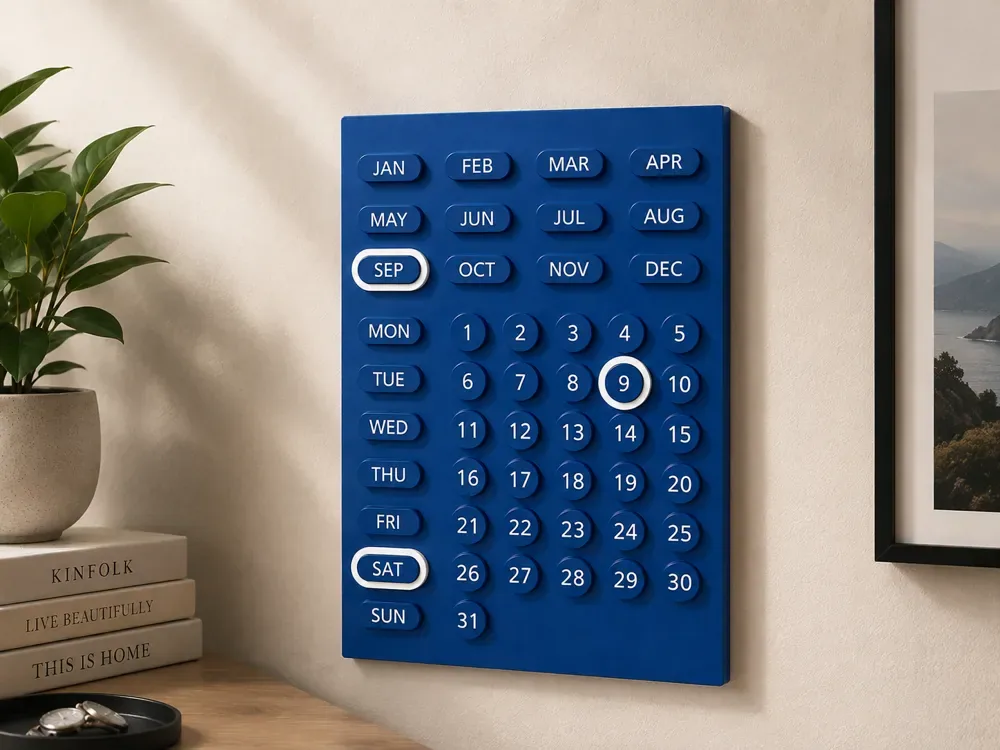 Calendario perpetuo minimalista | Montaje en escritorio y pared, vista 3