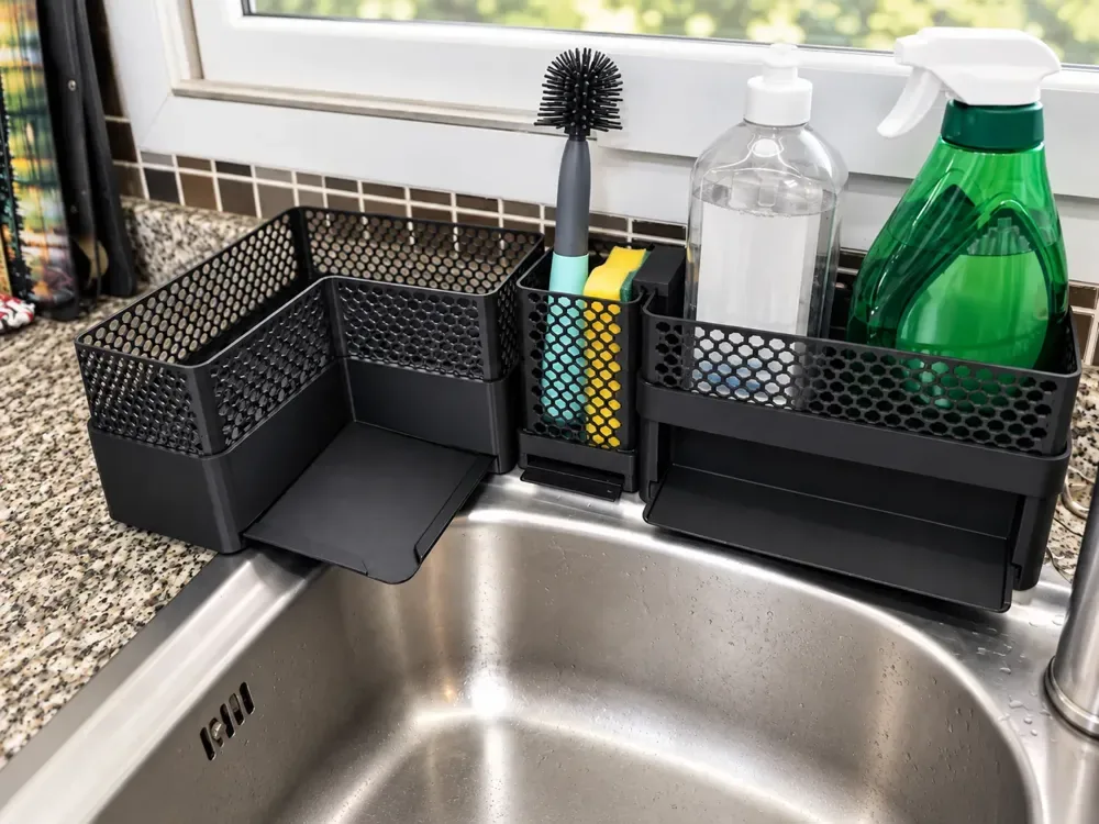 Organizador para fregadero con drenaje automático: detergente, esponja y cubiertos, vista 2