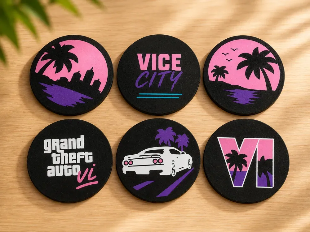 Juego de posavasos + soporte para GTA VI Vice City | 6 diseños, vista 1
