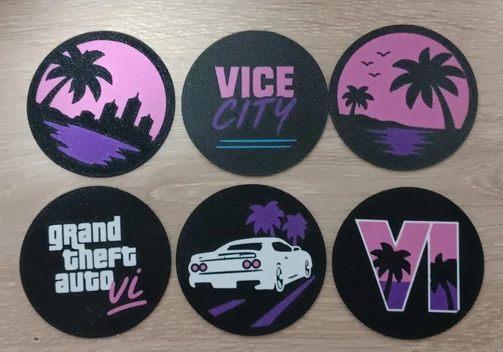 Juego de posavasos + soporte para GTA VI Vice City | 6 diseños, vista 3