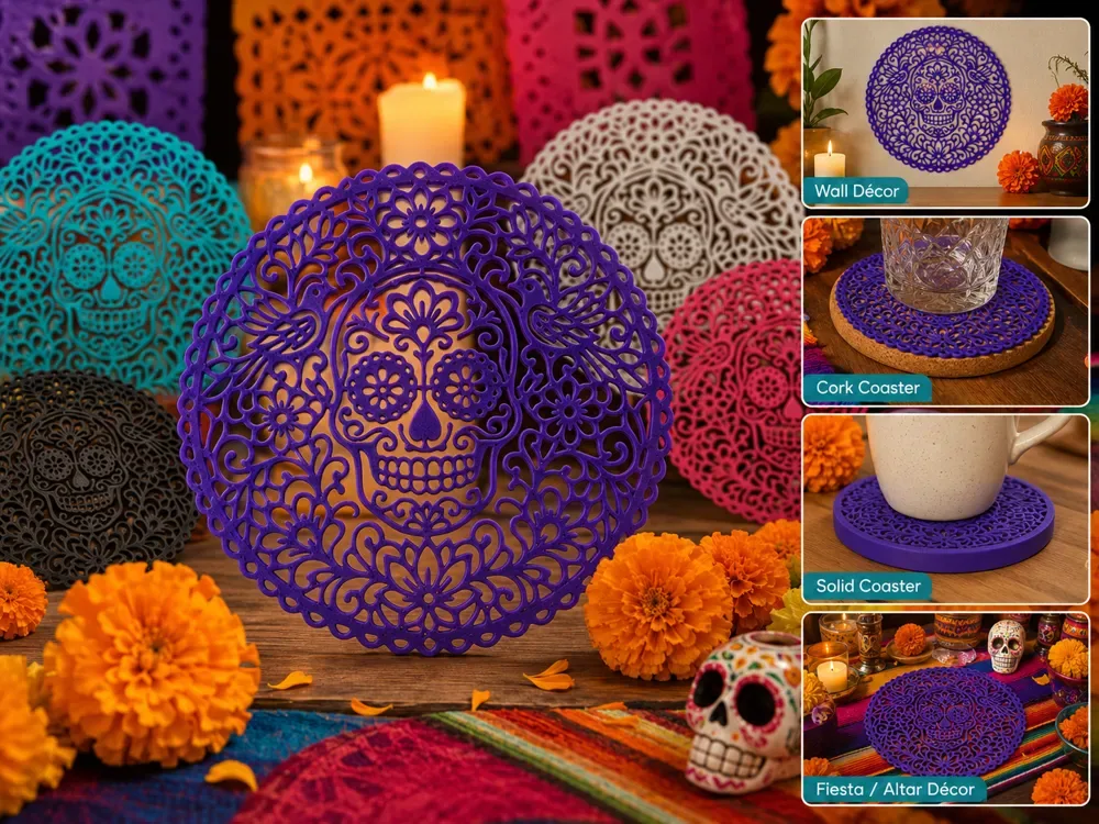 Decoración de posavasos con calavera de azúcar del Día de Muertos, vista 1