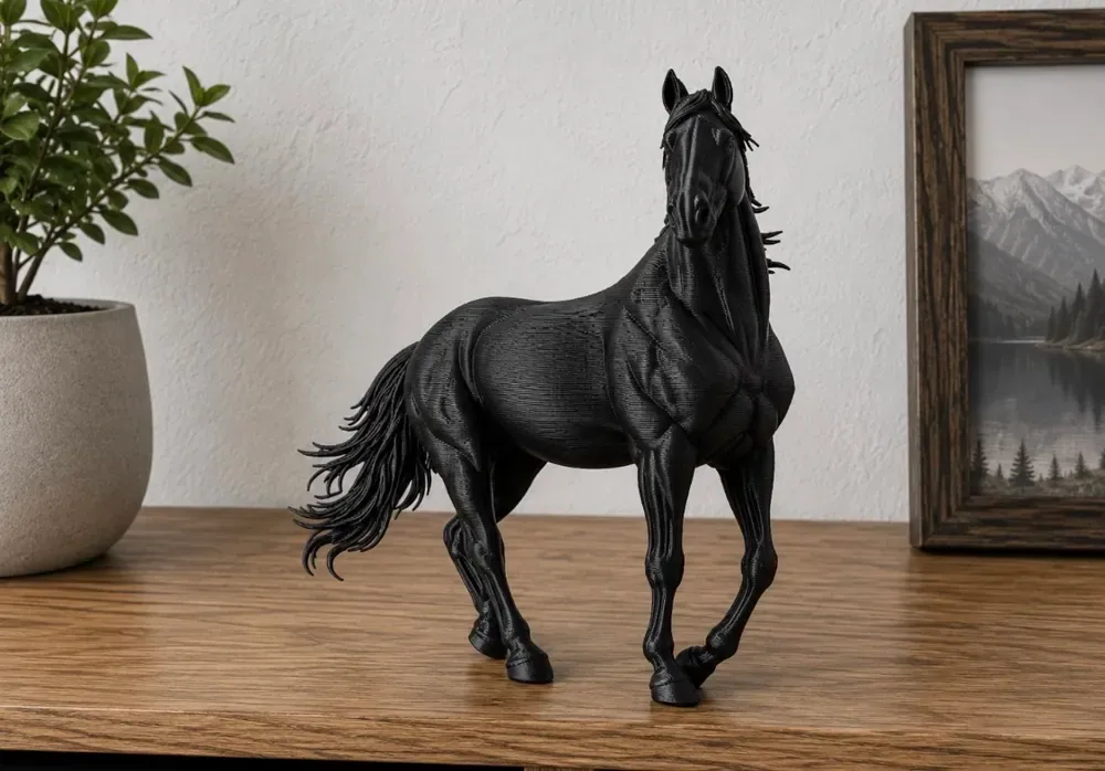 Escultura de caballo en PLA negro, vista 2