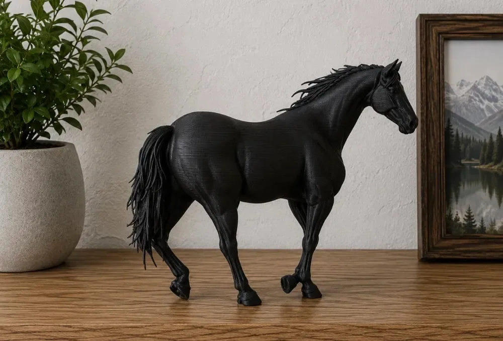 Escultura de caballo en PLA negro, vista 3