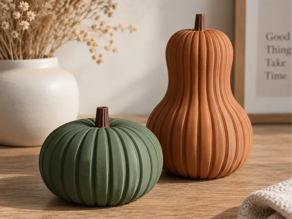 Juego de calabaza acanalada y calabaza alta: decoración moderna de otoño, vista 1