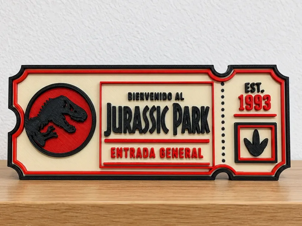 Boleto decorativo del Parque Jurásico impreso en 3D, vista 1