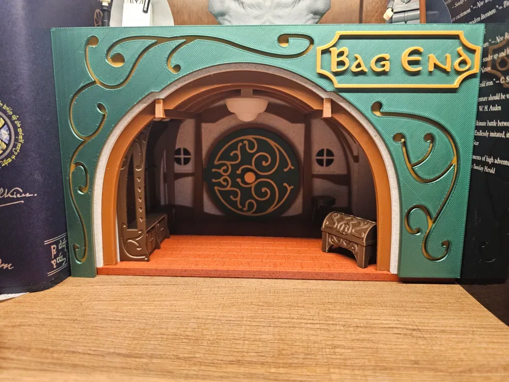 Rincón del libro Hobbit con extremo de bolsa del Señor de los Anillos, vista 2
