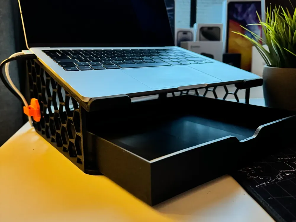 Soporte para computadora portátil con bandeja y soporte para cables para impresión 3D, vista 3