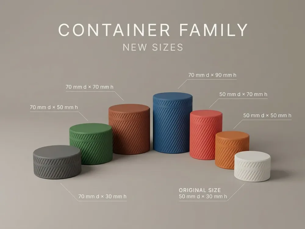Familia de contenedores para impresión 3D, vista 1