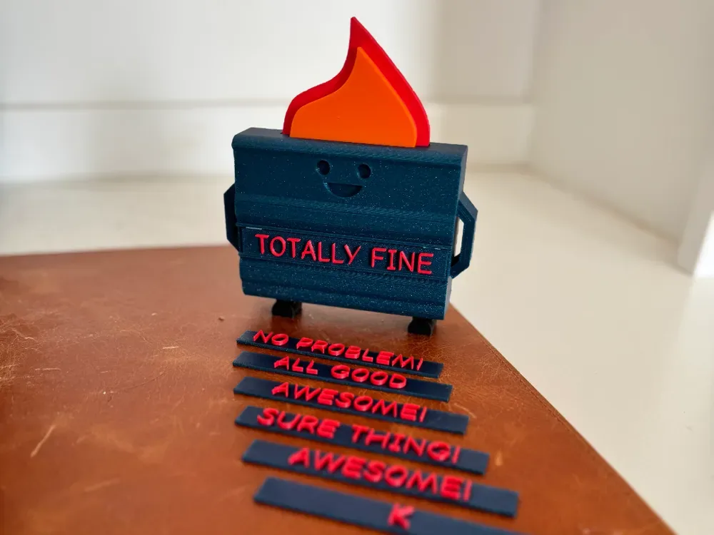 Adorno de escritorio de fuego de contenedor de basura, con refranes, vista 1